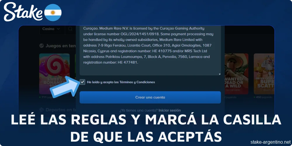 Leé las reglas de Stake y marcá la casilla de que las aceptás